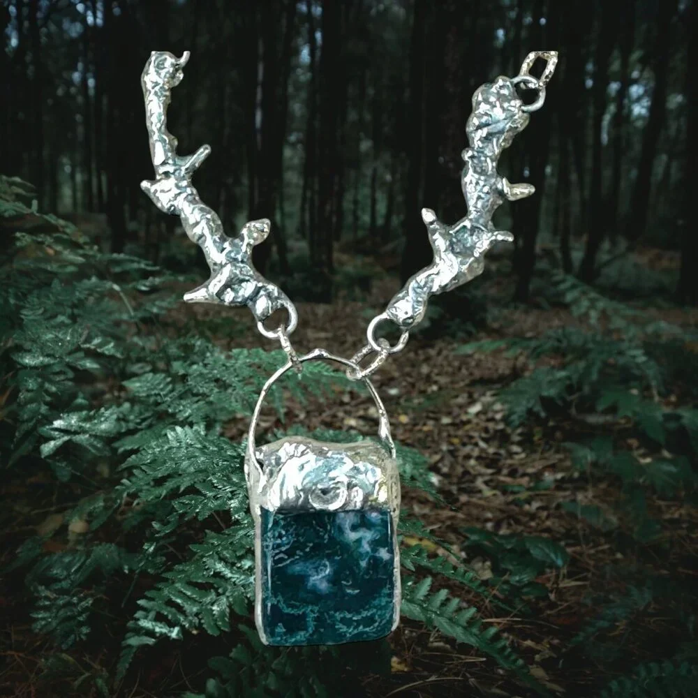 Moss Agate Pendant & Thorn Necklace Crafted w/ Silver Blend Brutalist Metalwork
